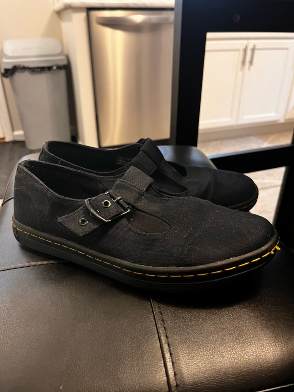 Dr. Martens Black Canvas Mary Jane Loafers with Yellow Stitching